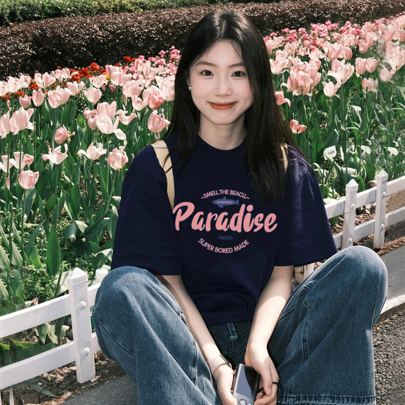 경관 그림 21 순면 210 그램 면 여름 드레스 느긋한 루즈핏 만화 프린트 반팔 티셔츠 한 부서
