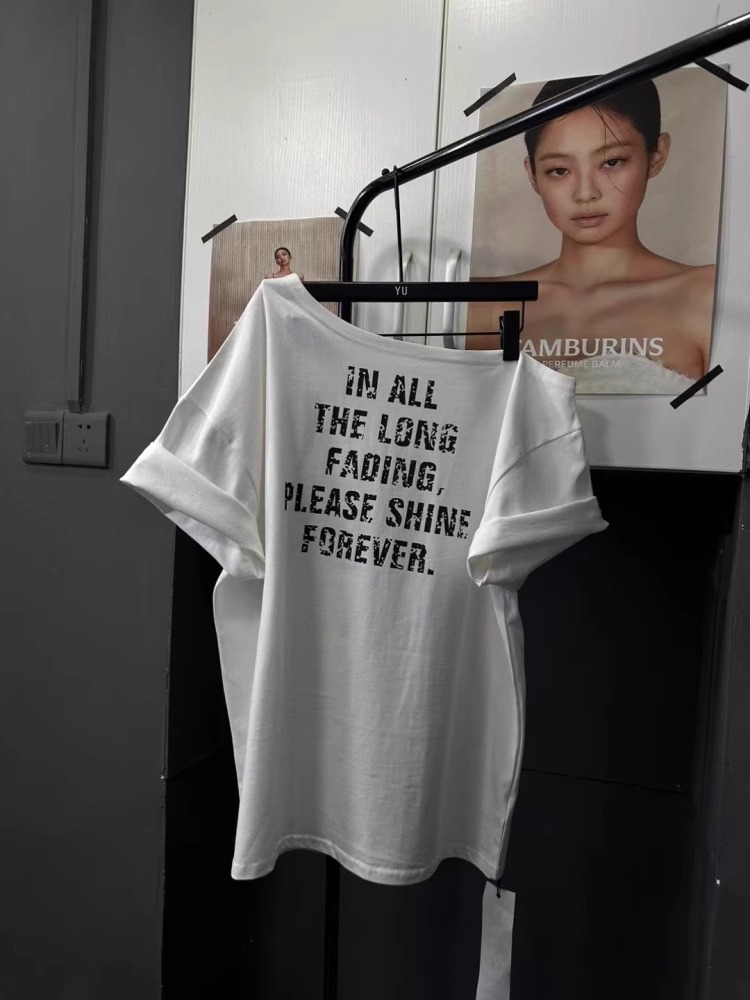 경관 그림 40 순면 220 그램 92 면 8 암모니아 Lun 비스듬한 칼라 오프숄더 오프숄더 반팔 티셔츠 여성 프린트