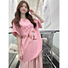 批发2026新款21支纯棉-210克100%棉 夏装慵懒宽松卡通印花短袖T恤韩系