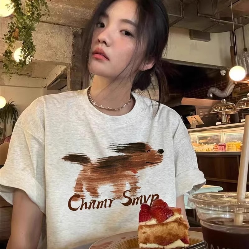 경관 그림 21 순면 210 그램 여름 드레스 느긋한 루즈핏 만화 프린트 반팔 티셔츠 한 부서