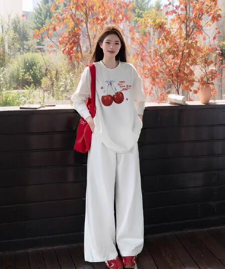 경관 그림 21 순면 210 그램 가을 의상 긴팔 티셔츠 여성 루즈핏 맨위 프린트