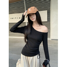 批发实拍 实价40支纯棉210克92棉/8氨纶 抽绳斜肩长袖T恤女