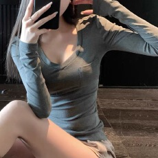 批发韩国外贸新款 40支纯棉92棉/8氨纶 <b class='q'>秋装</b>长袖T恤V领口袋打底衫