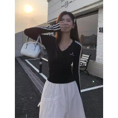 批发260g人棉2*2  条纹V领长袖t恤女韩系打底衫刺绣花