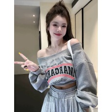 批发韩国外贸新款 华棉复合牛奶丝 <b class='q'>秋装</b>卫衣女高腰短款一字领印花