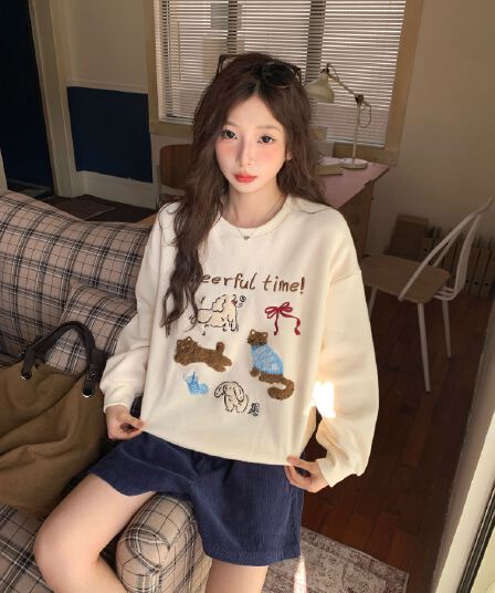 2026 후아 면 복합 얇은 스타일 털이 있는 달콤함 연령 감소 긴팔 후드티 여성 수건 자수
