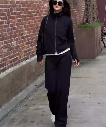 후아 면 칫솔질 얇은 스타일 털이 있는 스탠드 칼라 오픈 가디건 후드티 여성 긴 바지 투피스 슈트