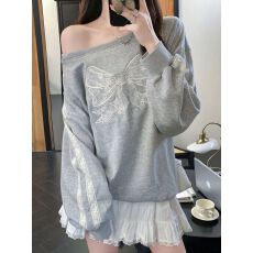 批发实拍 华棉复合 薄款/加绒 斜肩卫衣女感蕾丝花边重工刺绣