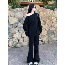 批发官图 华棉刷毛 薄款/加绒  斜肩卫衣女微喇叭长裤两件套装