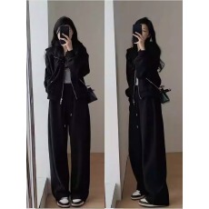 批发官图 华棉刷毛 薄款/加绒  双拉链开衫卫衣女+长裤两件套装