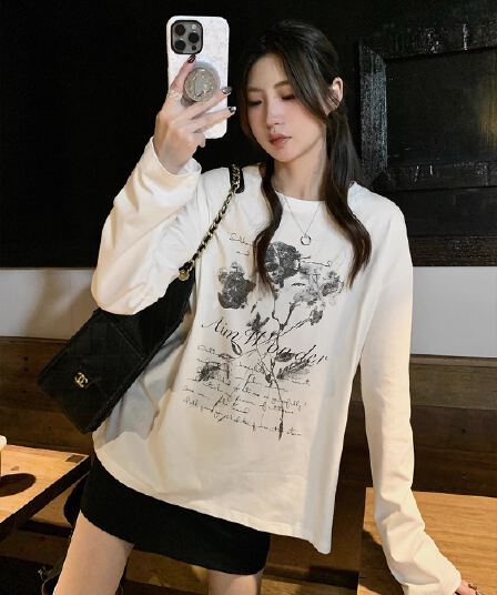 경관 그림 21 순면 210 그램 가을 의상 긴팔 티셔츠 여성 루즈핏 맨위 프린트