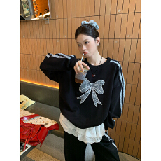 批发<b class='q'>韩国</b>外贸  华棉刷毛 薄款-加绒 卫衣女条纹<b class='q'>蕾丝</b>花边刺绣