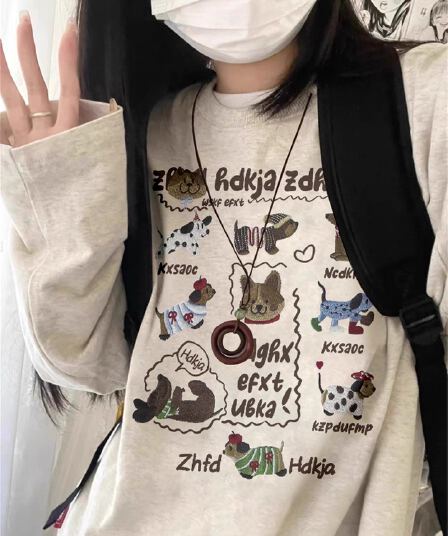 2026 한국 대외 무역 새로운 순면 210 그램 가을 의상 긴팔 티셔츠 여성 루즈핏 맨위 프린트