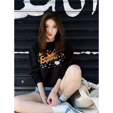 批发韩国外贸新款 华棉复合-薄款/加绒 跨境英文洗水标圆领卫衣女印花