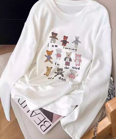 경관 그림 21 순면 210 그램 봄과 가을 옷 긴팔 티셔츠 여성 루즈핏 맨위 기본 셔츠 프린트