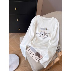 批发外贸订单 纯棉-210克100%棉 春秋装长袖T恤女<b class='q'>宽松</b>上衣<b class='q'>打底衫</b>印花