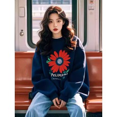 批发韩国外贸 华棉复合-薄款/加绒 秋冬装加绒圆领卫衣女印花宝宝绒