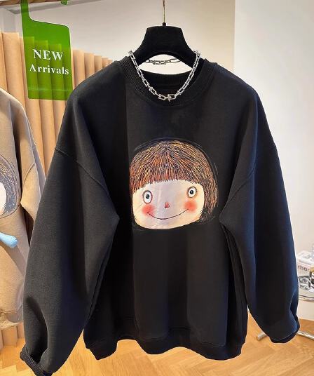 경관 그림 후아 면 복합 얇은 스타일 털이 있는 가을 겨울 의류 털이 있는 라운드 넥 후드티 여성 프린트 아기 플러시