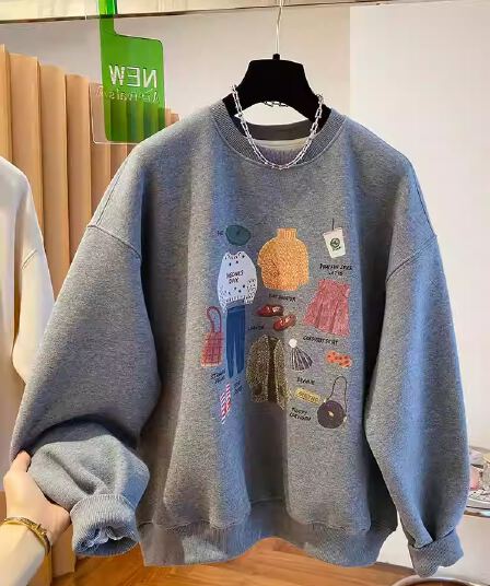 경관 그림 후아 면 복합 얇은 스타일 털이 있는 가을 겨울 의류 털이 있는 라운드 넥 후드티 여성 프린트 아기 플러시