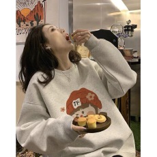 韩国外贸 华棉复合-薄款/加绒 秋冬装加绒圆领卫衣女印花宝宝绒