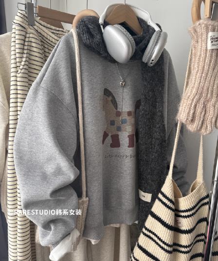 경관 그림 정가 후아 면 복합 얇은 스타일 털이 있는 가을 겨울 의류 털이 있는 라운드 넥 후드티 여성 프린트 아기 플러시