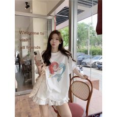 批发21支纯棉210克100%棉 时尚超火新款短袖T恤女宽松百搭印花上衣潮