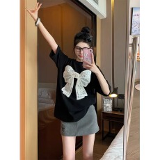 批发甜美蕾丝刺绣蝴蝶结<b class='q'>短袖</b>T恤女夏季新款钉珠