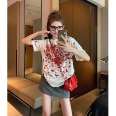 批发白色时尚独特别致蝴蝶印花<b class='q'>短袖</b>t恤男女夏季小众设计感慵懒风上衣