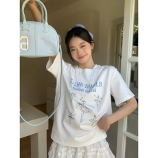 21支纯棉-210克100%棉 2026年春夏装短袖T恤女韩版印花