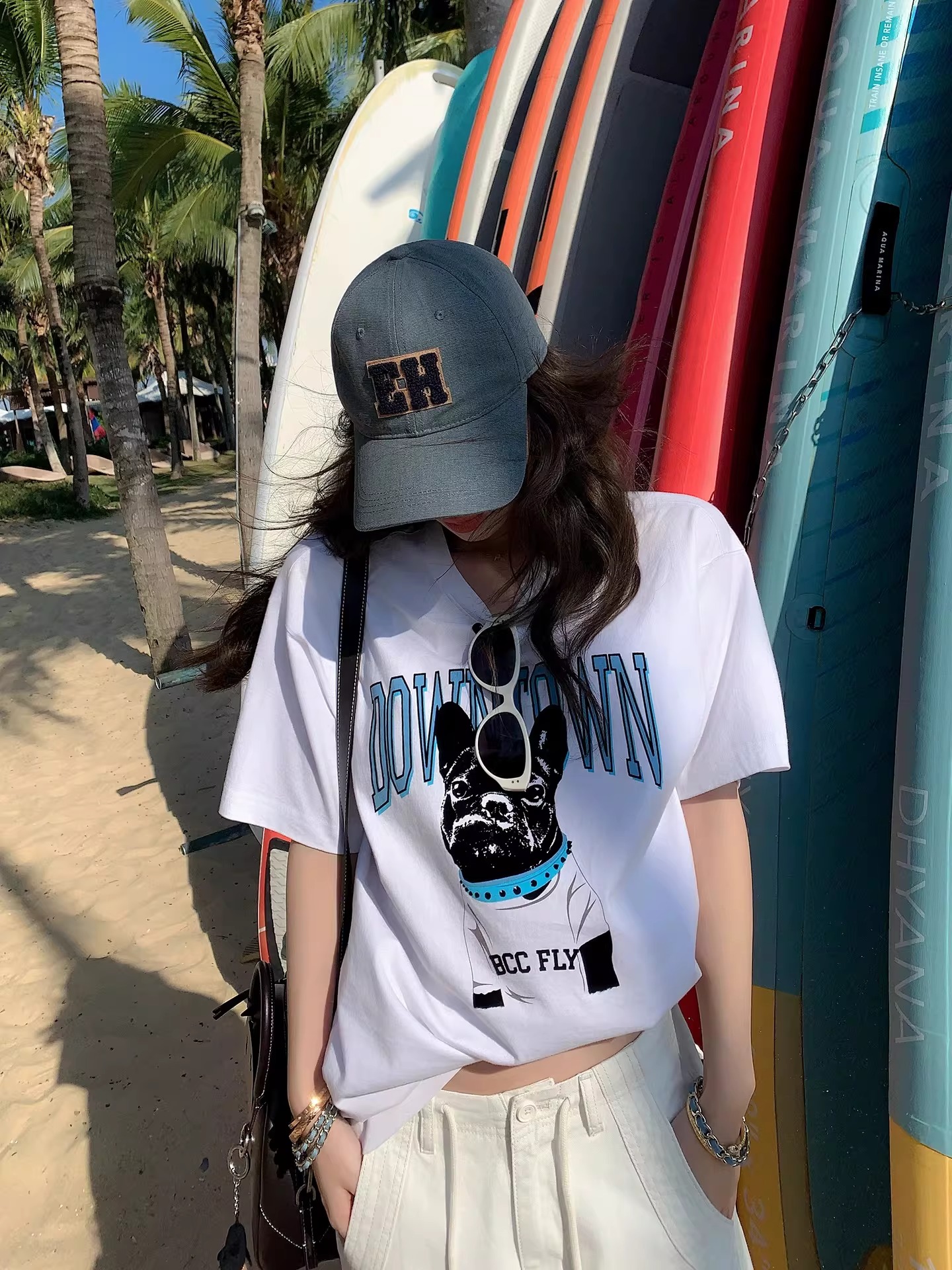 경관 그림 21 순면 210 그램 2026 년 봄 여름 드레스 반팔 티셔츠 여성 한국 스타일 프린트