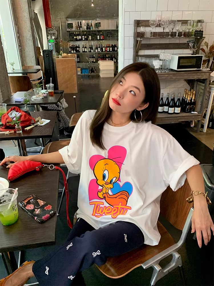 경관 그림 21 순면 210 그램 2026 년 봄 여름 드레스 반팔 티셔츠 여성 한국 스타일 프린트