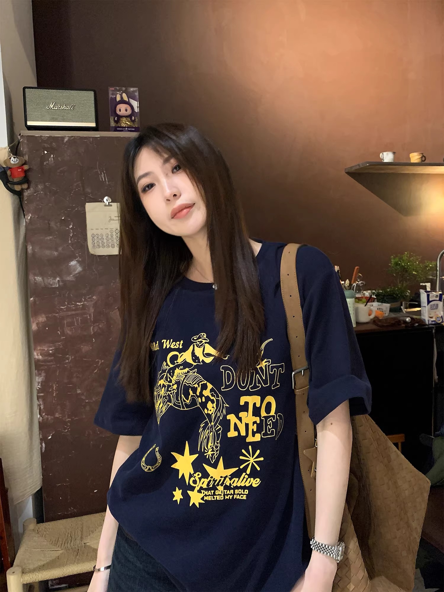 경관 그림 21 순면 210 그램 2026 년 봄 여름 드레스 반팔 티셔츠 여성 한국 스타일 프린트