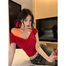 批发新款韩版修身设计感V领辣妹轻熟上衣纯棉短袖T恤上衣女