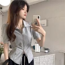 批发官图 实价 纯涤新氨棉  夏装短袖T恤女拉链polo领设计感