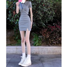 批发40支纯棉210克92棉/8氨纶POLO领刺绣连衣裙女