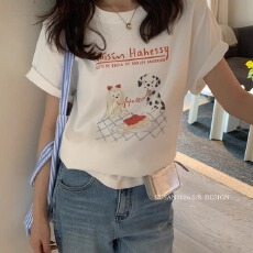 官图 21支纯棉-210克100%棉 2026年春夏装短袖T恤女韩版印花