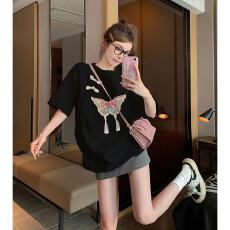 批发官图 实价 21支纯棉高紧密 夏装中式短袖T恤女蝴蝶结上衣