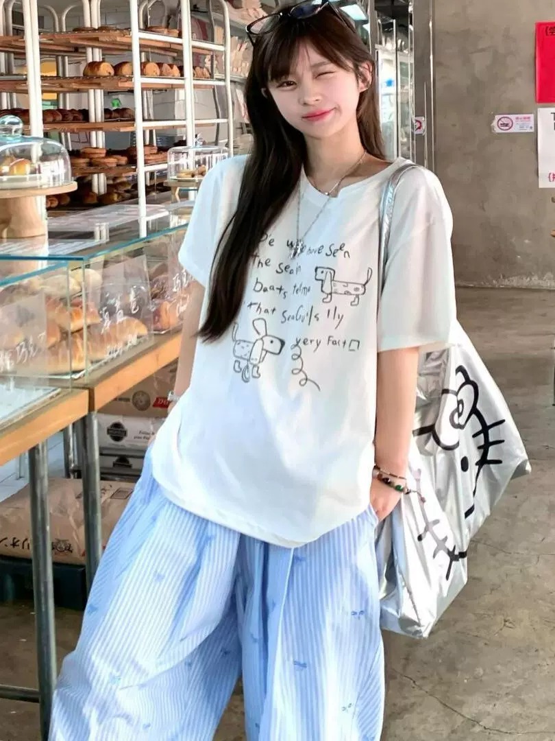 경관 그림 21 순면 210 그램 2026 년 봄 여름 드레스 반팔 티셔츠 여성 한국 스타일 프린트