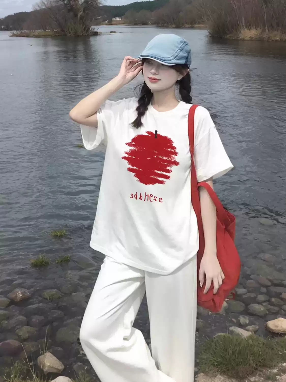 경관 그림 21 순면 210 그램 2026 년 봄 여름 드레스 반팔 티셔츠 여성 한국 스타일 프린트