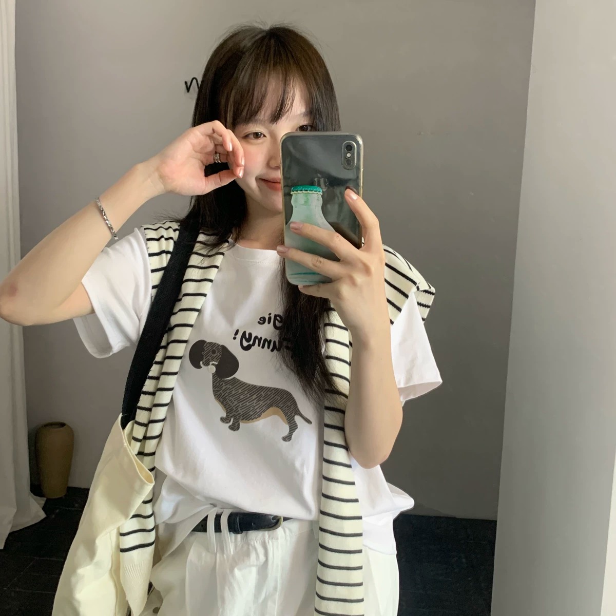 경관 그림 21 순면 210 그램 2026 년 봄 여름 드레스 반팔 티셔츠 여성 한국 스타일 프린트