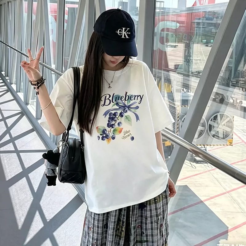 경관 그림 21 순면 210 그램 2026 년 봄 여름 드레스 반팔 티셔츠 여성 한국 스타일 프린트