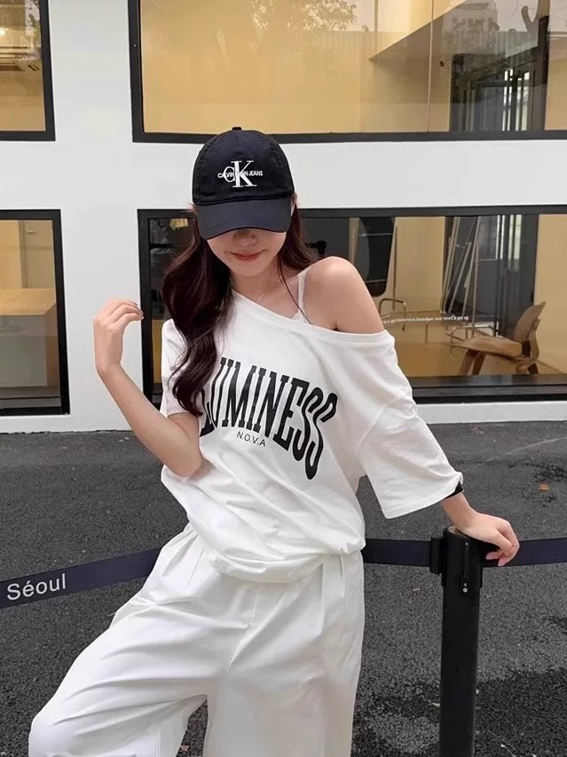 경관 그림 40 순면 220 그램 92 면 8 암모니아 Lun 비스듬한 칼라 오프숄더 오프숄더 반팔 티셔츠 여성 프린트