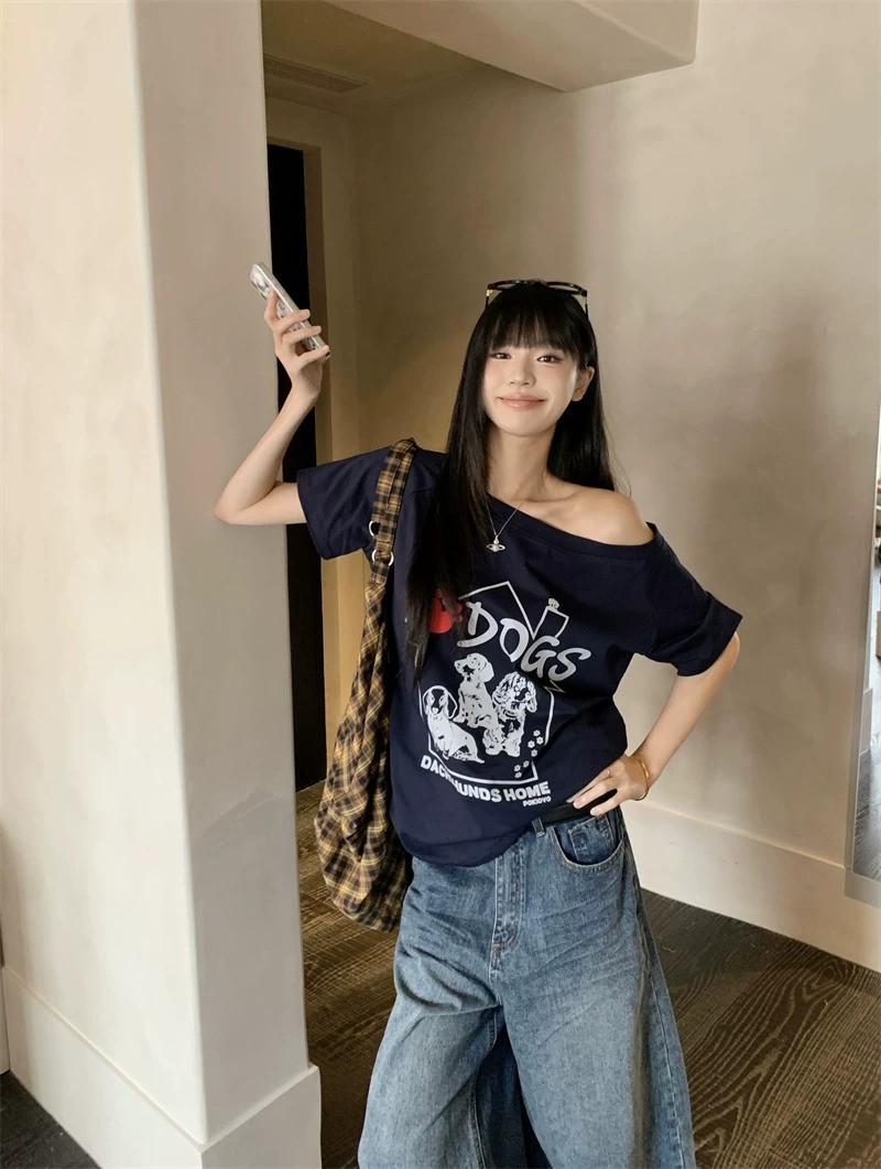 경관 그림 40 순면 220 그램 92 면 8 암모니아 Lun 비스듬한 칼라 오프숄더 오프숄더 반팔 티셔츠 여성 프린트