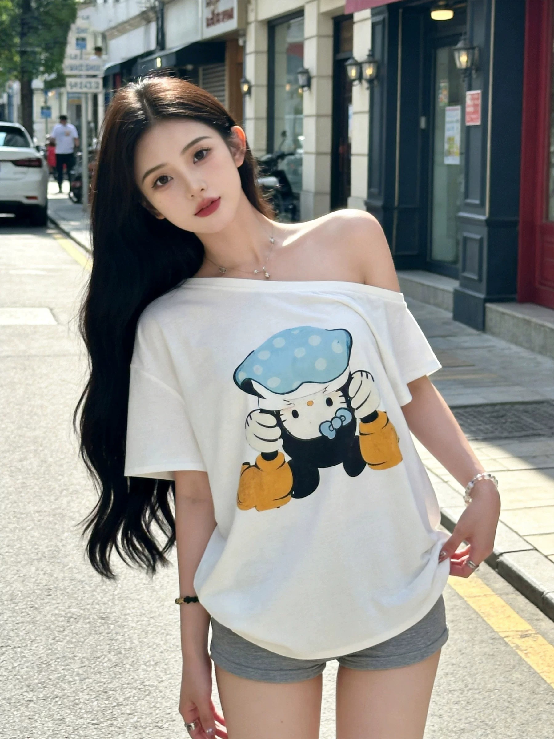 경관 그림 40 순면 220 그램 92 면 8 암모니아 Lun 비스듬한 칼라 오프숄더 오프숄더 반팔 티셔츠 여성 프린트