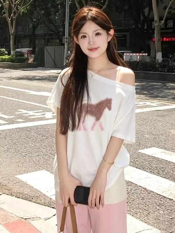 경관 그림 40 순면 220 그램 92 면 8 암모니아 Lun 비스듬한 칼라 오프숄더 오프숄더 반팔 티셔츠 여성 프린트