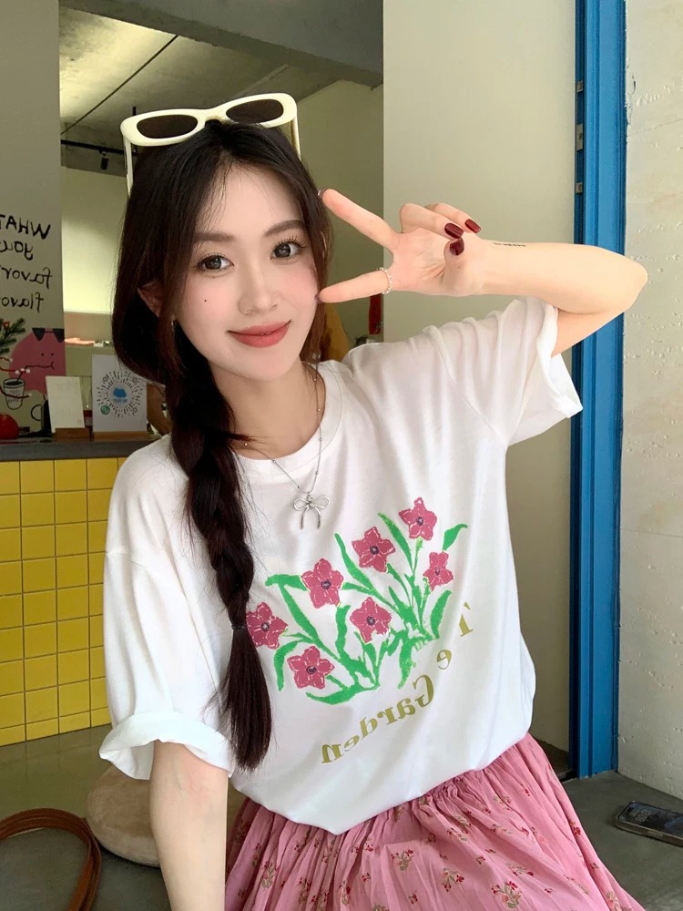 경관 그림 21 순면 210 그램 2026 년 봄 여름 드레스 반팔 티셔츠 여성 한국 스타일 프린트