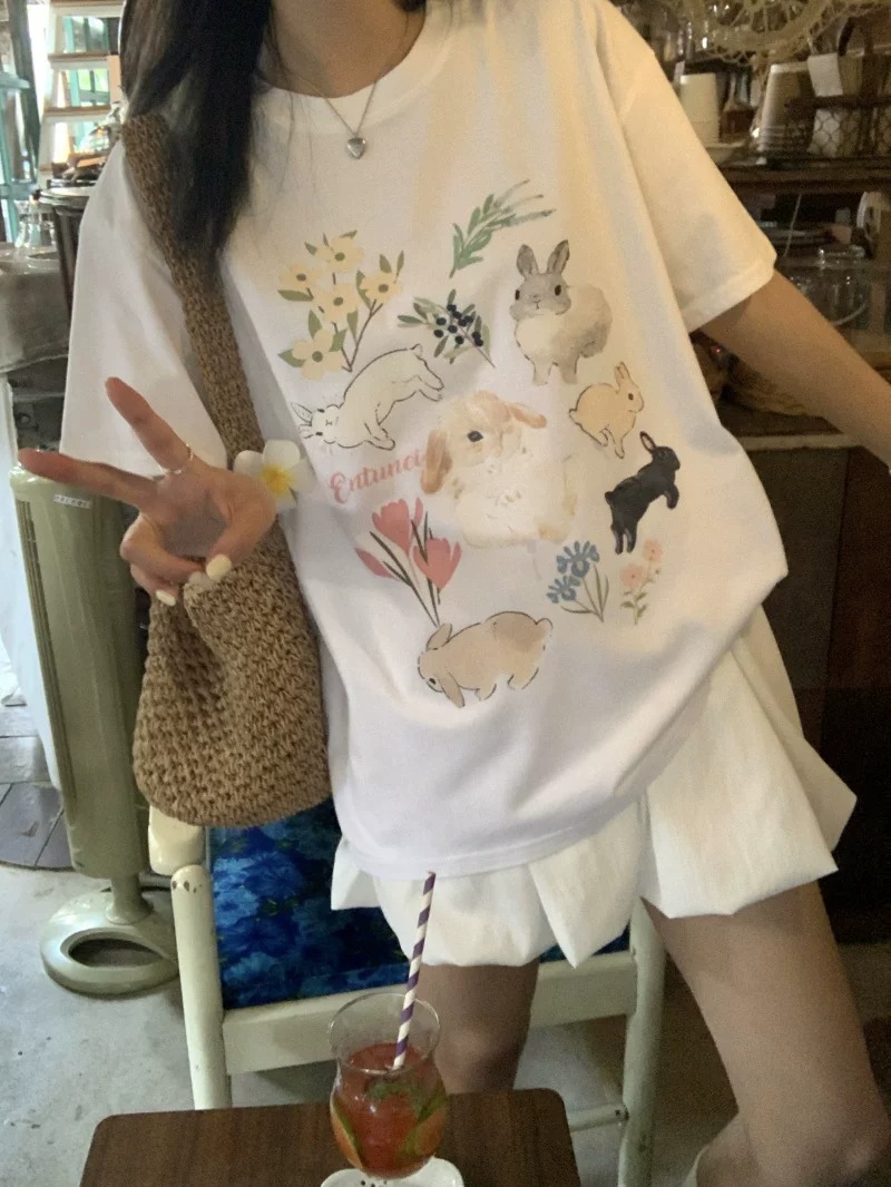 경관 그림 21 순면 210 그램 여름 드레스 한 부서 반팔 티셔츠 여성 한국 스타일 루즈핏 빅 사이즈 프린트