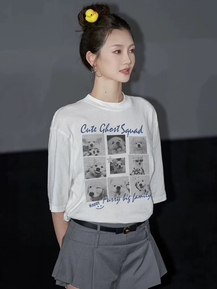 경관 그림 21 순면 210 그램 여름 드레스 한 부서 반팔 티셔츠 여성 한국 스타일 루즈핏 빅 사이즈 프린트