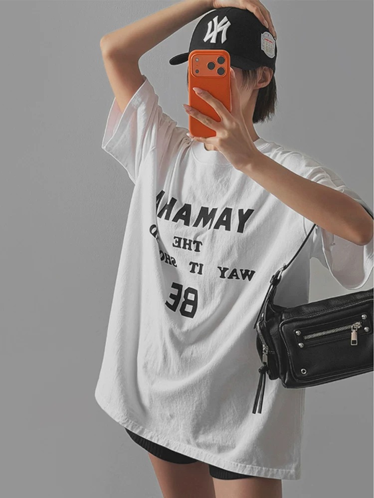 경관 그림 21 순면 210 그램 여름 드레스 한 부서 반팔 티셔츠 여성 한국 스타일 루즈핏 빅 사이즈 프린트