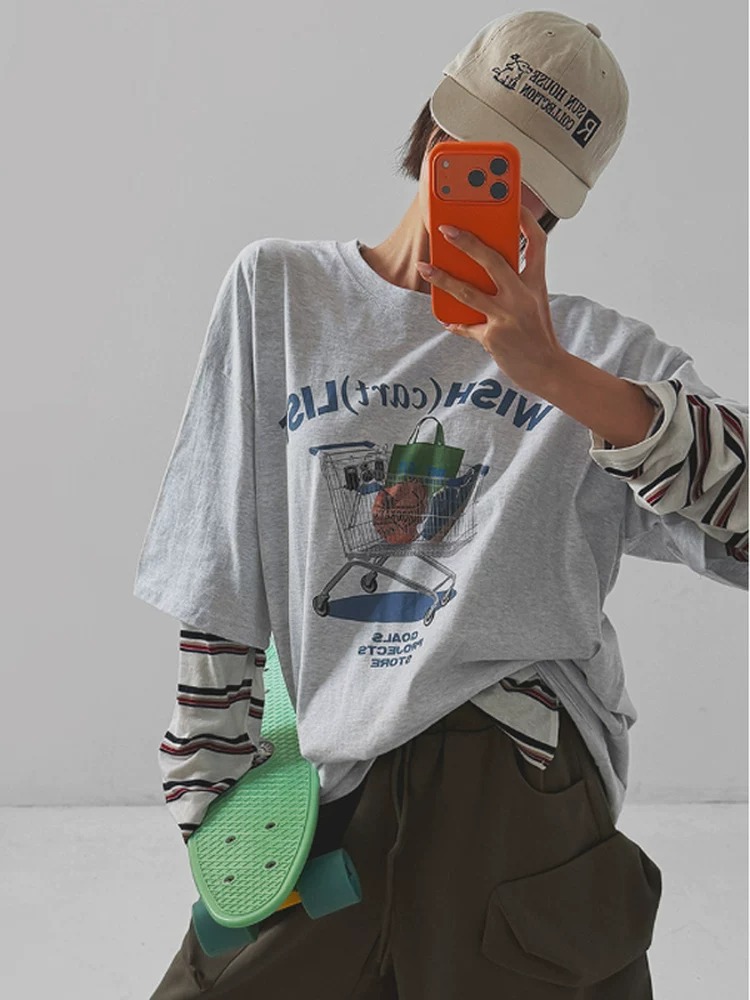 경관 그림 21 순면 210 그램 여름 드레스 한 부서 반팔 티셔츠 여성 한국 스타일 루즈핏 빅 사이즈 프린트